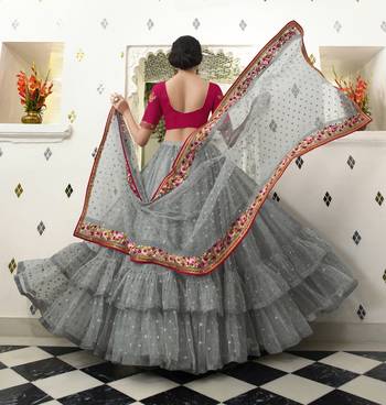 Grey Embroidered Net Semi Stitched Lehenga 2