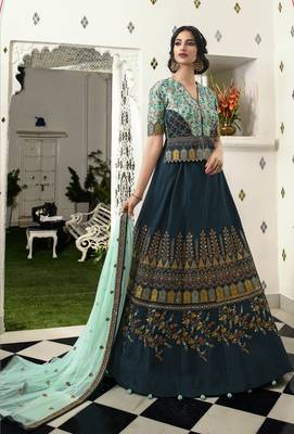 Navy Blue Embroidered Silk Semi Stitched Lehenga 1