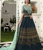 Navy Blue Embroidered Silk Semi Stitched Lehenga