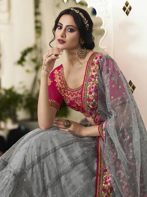 Grey Embroidered Net Semi Stitched Lehenga 3