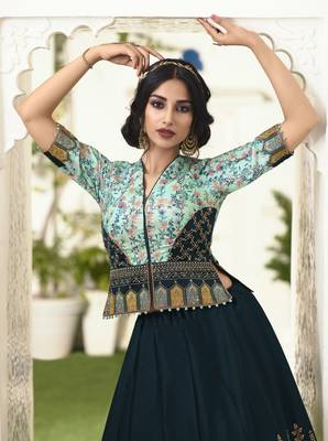 Navy Blue Embroidered Silk Semi Stitched Lehenga 2