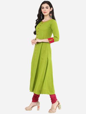 Women'S Cotton Slub Mirror Work Anarkali Kurta (Green) 2