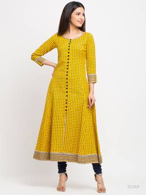 Women'S Cotton Slub Checks Print Anarkali Kurta (Yellow) 1