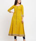 Women'S Cotton Slub Checks Print Anarkali Kurta (Yellow)