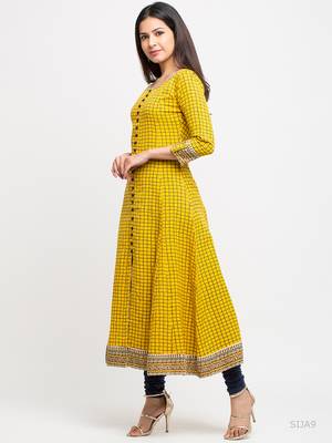 Women'S Cotton Slub Checks Print Anarkali Kurta (Yellow) 2