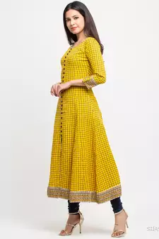 Women'S Cotton Slub Checks Print Anarkali Kurta (Yellow)