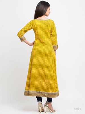 Women'S Cotton Slub Checks Print Anarkali Kurta (Yellow) 3