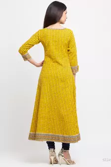 Women'S Cotton Slub Checks Print Anarkali Kurta (Yellow)