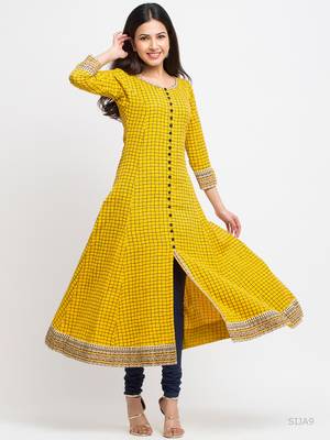 Women'S Cotton Slub Checks Print Anarkali Kurta (Yellow) 4