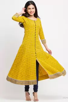 Women'S Cotton Slub Checks Print Anarkali Kurta (Yellow)