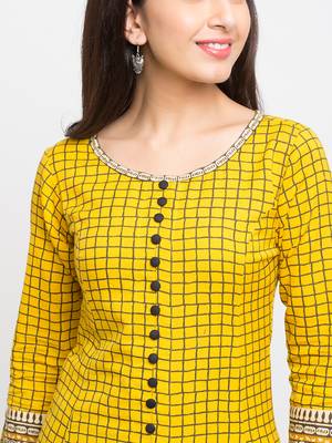 Women'S Cotton Slub Checks Print Anarkali Kurta (Yellow) 5