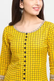 Women'S Cotton Slub Checks Print Anarkali Kurta (Yellow)