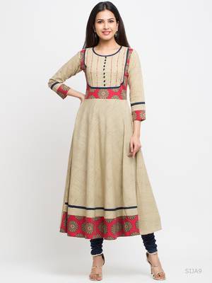 Women'S Cotton Printed Anarkali Kurta (Beige) 1