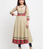 Women'S Cotton Printed Anarkali Kurta (Beige)