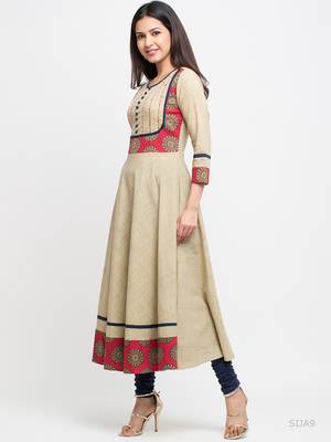 Women'S Cotton Printed Anarkali Kurta (Beige) 2