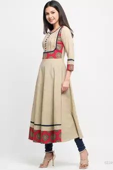 Women'S Cotton Printed Anarkali Kurta (Beige)