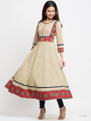 Women'S Cotton Printed Anarkali Kurta (Beige) 4