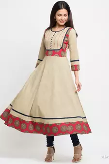 Women'S Cotton Printed Anarkali Kurta (Beige)