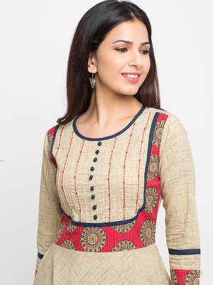 Women'S Cotton Printed Anarkali Kurta (Beige) 5