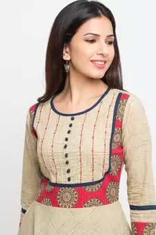 Women'S Cotton Printed Anarkali Kurta (Beige)