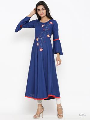 Women'S Rayon Solid Applique Work Anarkali Kurta (Blue) 1