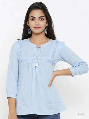 Women'S Blue Cotton Embroidered Top 1