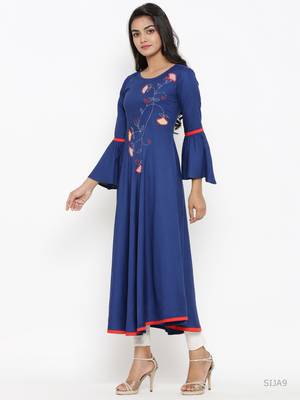 Women'S Rayon Solid Applique Work Anarkali Kurta (Blue) 2