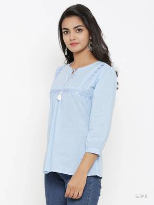 Women'S Blue Cotton Embroidered Top 2