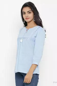 Women'S Blue Cotton Embroidered Top