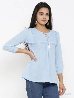 Women'S Blue Cotton Embroidered Top 3