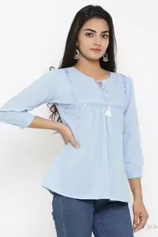 Women'S Blue Cotton Embroidered Top