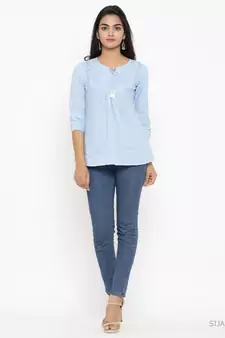 Women'S Blue Cotton Embroidered Top
