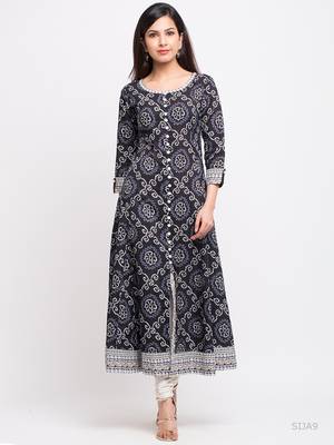 Women'S Cotton Bandhej Print Anarkali Kurta (Black) 1