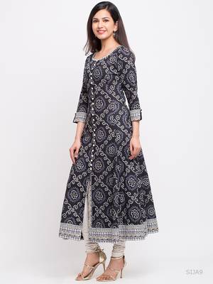 Women'S Cotton Bandhej Print Anarkali Kurta (Black) 2