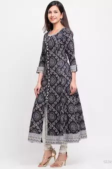 Women'S Cotton Bandhej Print Anarkali Kurta (Black)
