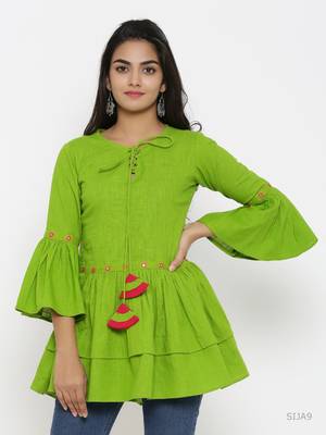 Women'S Green Cotton Slub Embroidered Top 1