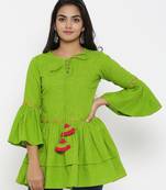 Women'S Green Cotton Slub Embroidered Top