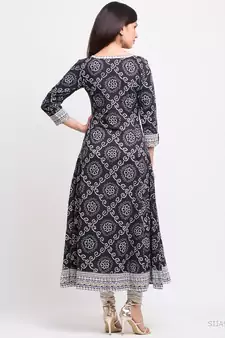Women'S Cotton Bandhej Print Anarkali Kurta (Black)