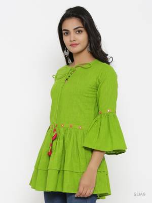Women'S Green Cotton Slub Embroidered Top 2
