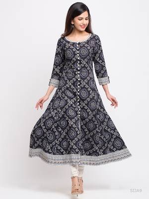 Women'S Cotton Bandhej Print Anarkali Kurta (Black) 4