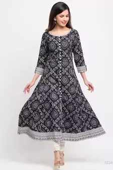 Women'S Cotton Bandhej Print Anarkali Kurta (Black)