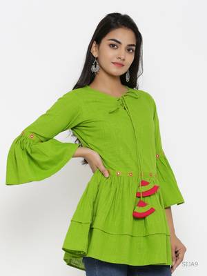 Women'S Green Cotton Slub Embroidered Top 3