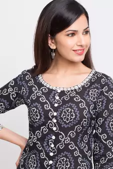 Women'S Cotton Bandhej Print Anarkali Kurta (Black)