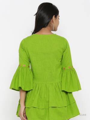 Women'S Green Cotton Slub Embroidered Top 4