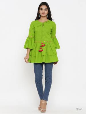 Women'S Green Cotton Slub Embroidered Top 5