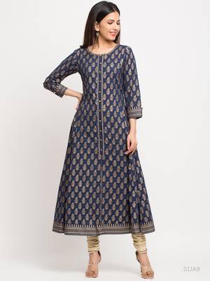 Women'S Cotton Gold Print Anarkali Kurta (Blue) 1
