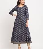 Women'S Cotton Gold Print Anarkali Kurta (Blue)