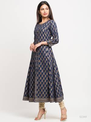Women'S Cotton Gold Print Anarkali Kurta (Blue) 2
