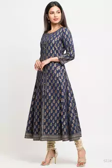 Women'S Cotton Gold Print Anarkali Kurta (Blue)
