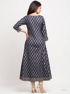Women'S Cotton Gold Print Anarkali Kurta (Blue) 3